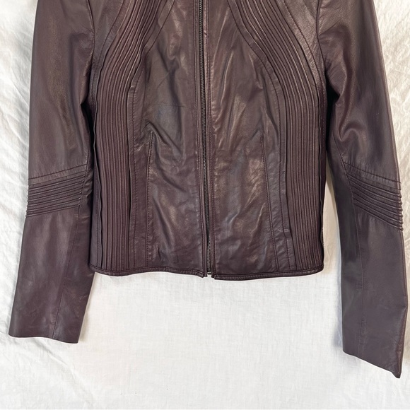 Tory Burch Leather Jacket Women Size 6 Oxblood Burgundy Zip Cropped Moto Coat - Picture 3 of 16